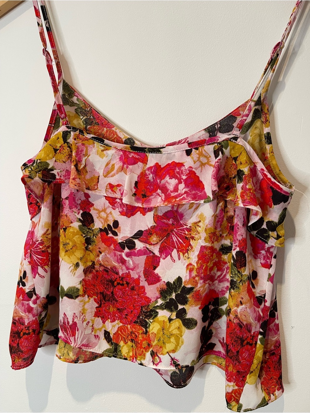 Vintage Dynamite Floral Flowy Ruffle Spaghetti Strap Cami Top Tropical Pink - Picture 3 of 6